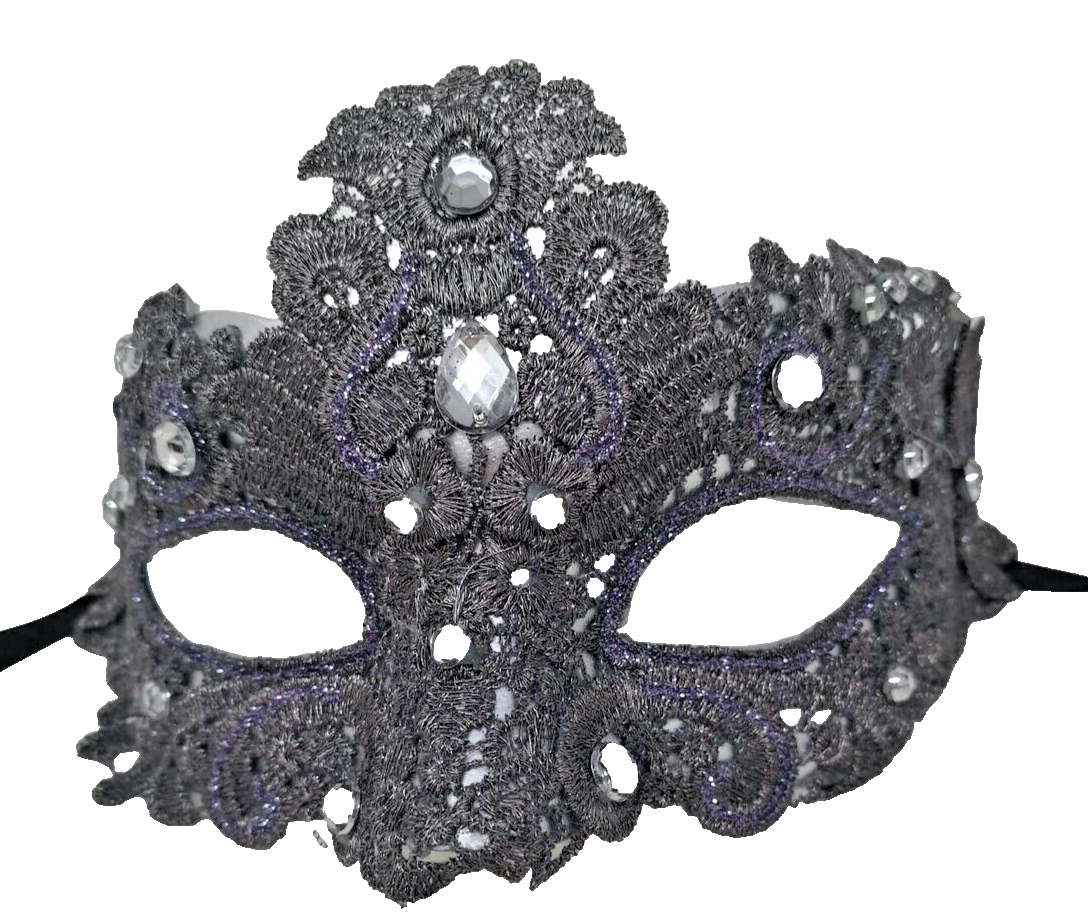 SILVER GREY JEWELLED LACE BROCADE MASK VENETIAN MASQUERADE CARNIVAL EYE BALL