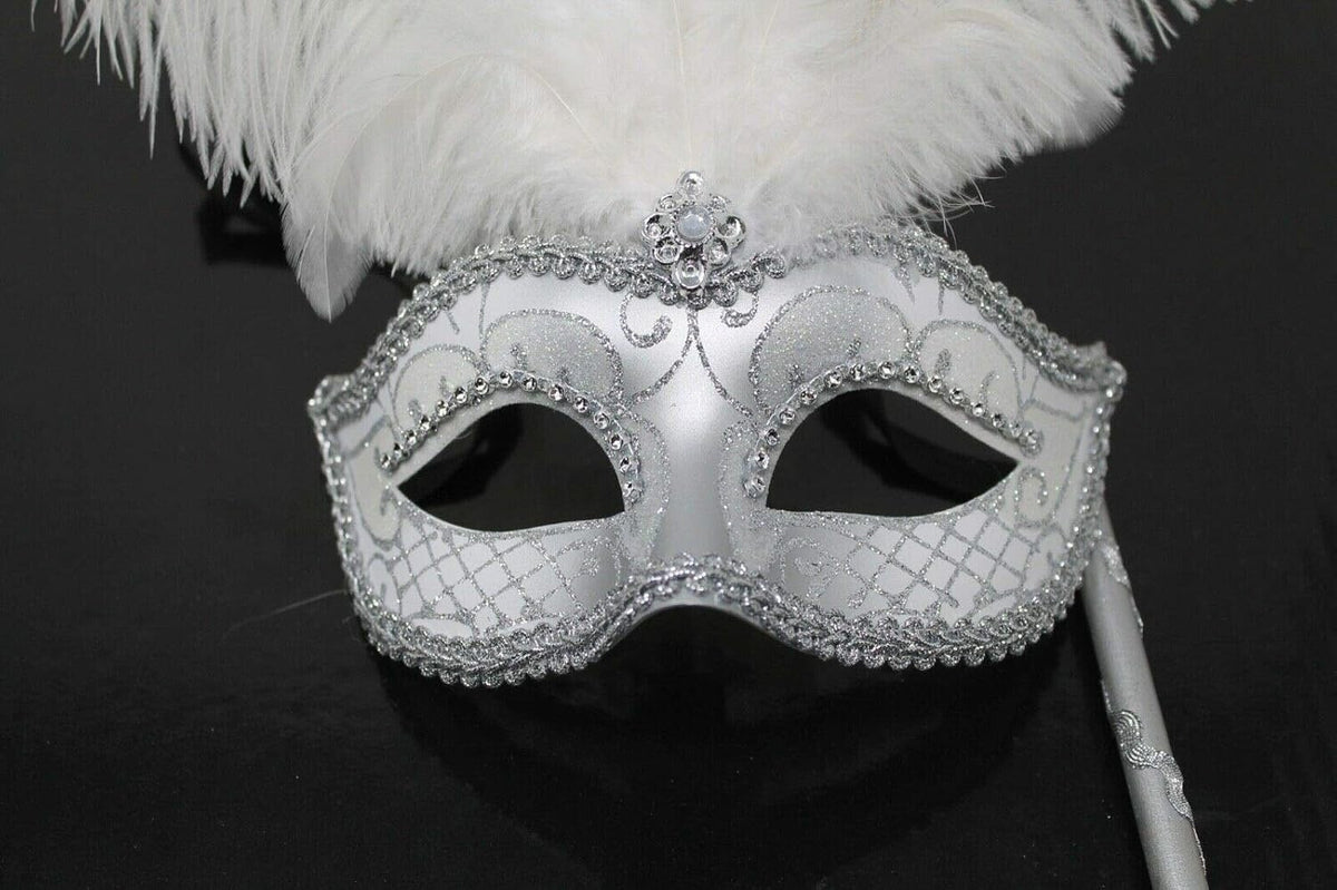 WHITE SILVER VENETIAN MASQUERADE PARTY CARNIVAL BALL EYE FEATHER MASK HAND HELD