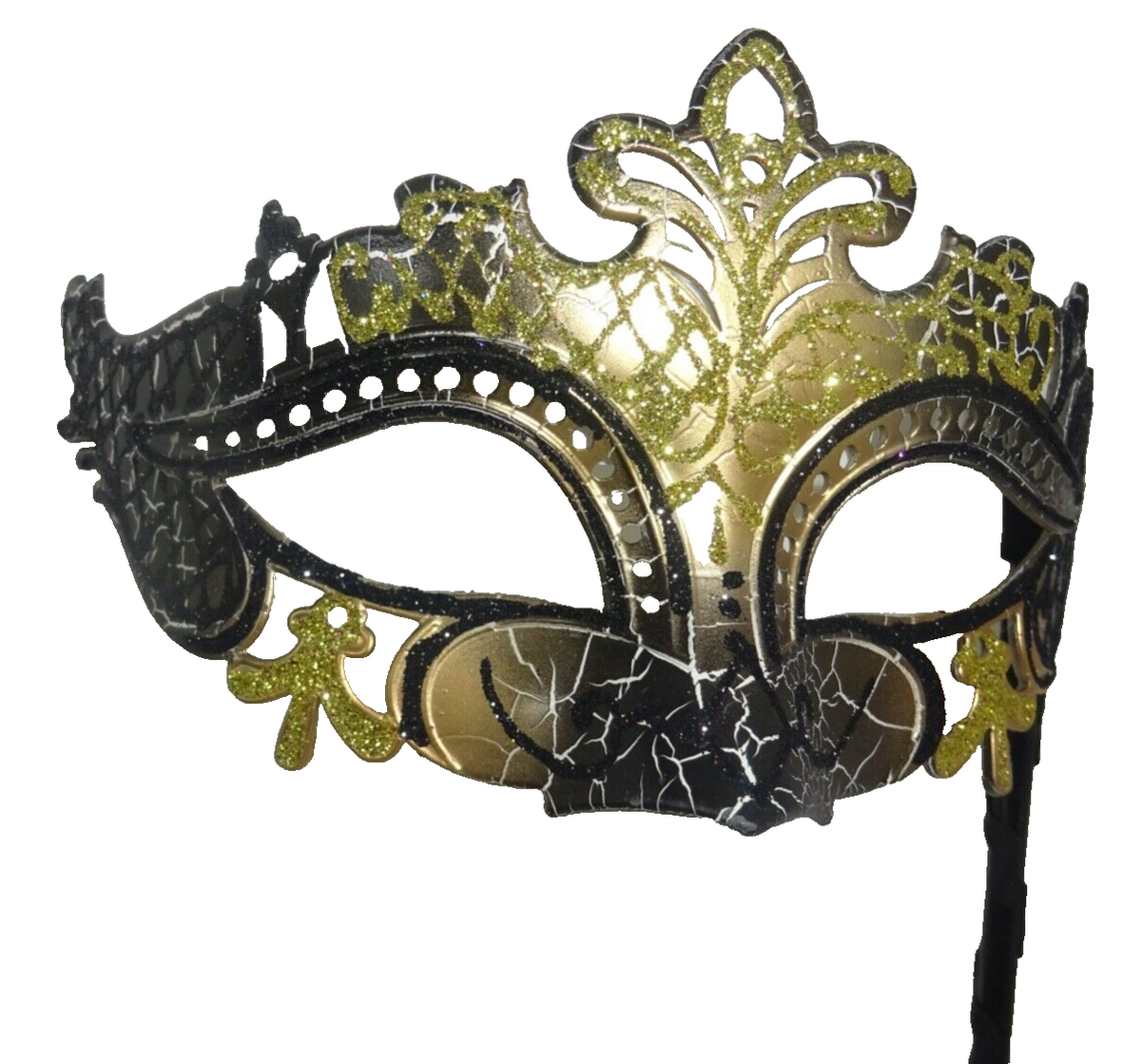 GOLD & BLACK VENETIAN MASQUERADE PARTY CARNIVAL BALL MASK ON A HAND HELD STICK