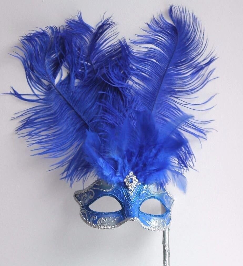 BLUE SILVER VENETIAN MASQUERADE BALL CARNIVAL PARTY FEATHER MASK HAND HELD STICK