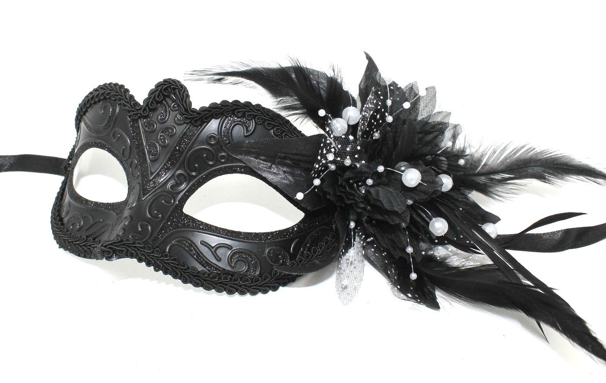 MIDNIGHT BLACK MASK WITH FLOWER/PEARLS VENETIAN MASQUERADE PARTY BALL PROM EYE