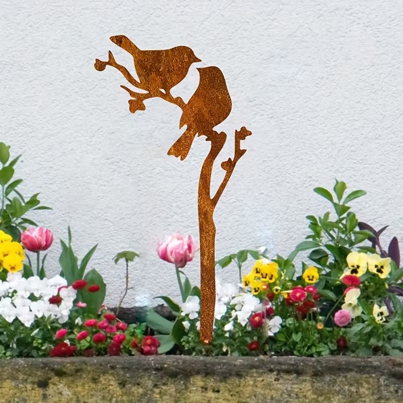 Rusty Patina Metal Two Birds Silhouette Stake 30cm Tall Garden Lawn Decoration
