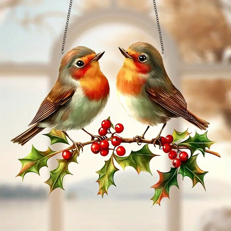 Hanging Acrylic Garden Suncatcher Robins Holly with Berries 20cm Wide on Chain
