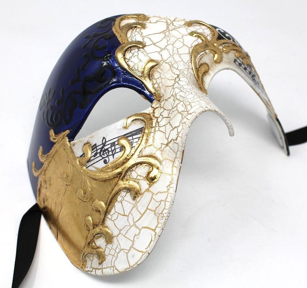 QUALITY BLUE & GOLD HALF FACE PHANTOM   OPERA MUSICAL NOTES MASQUERADE MASK
