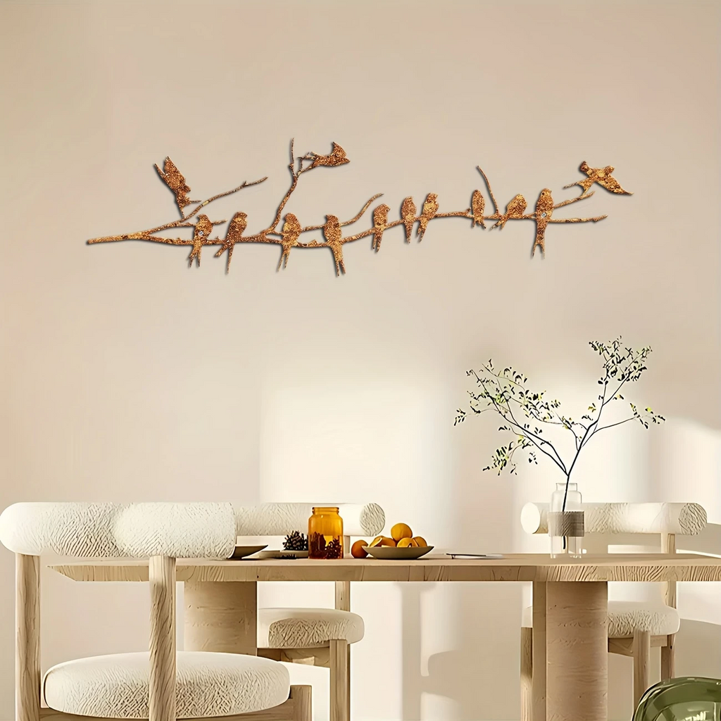 Rusty Metal Birds on a Branch Tree Silhouette 50cm x 13cm Garden Wall Art