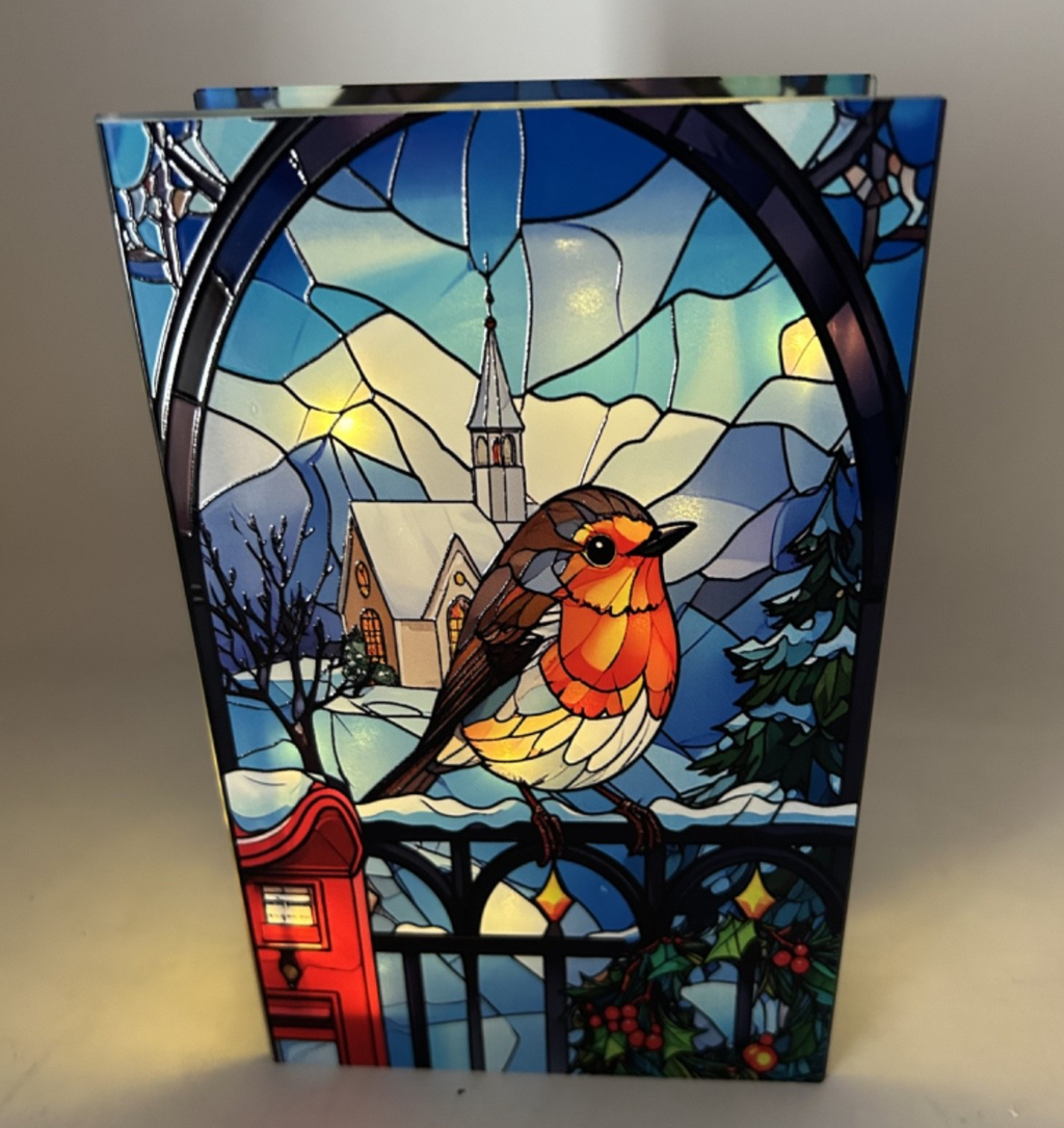 Stained Glass Warm White LED Lights Christmas Robin Decoration 21cm Double Sided