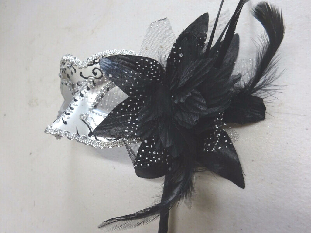 BLACK & SILVER WITH FLOWER & STICK VENETIAN CARNIVAL BALL MASQUERADE PARTY MASK