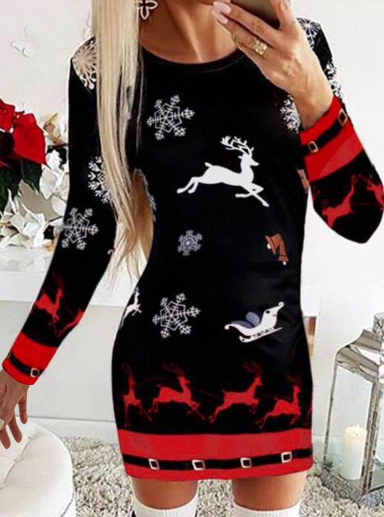 Ladies Christmas Round Neck Long Sleeve Dress Size 14 Reindeer Snowflakes Bells