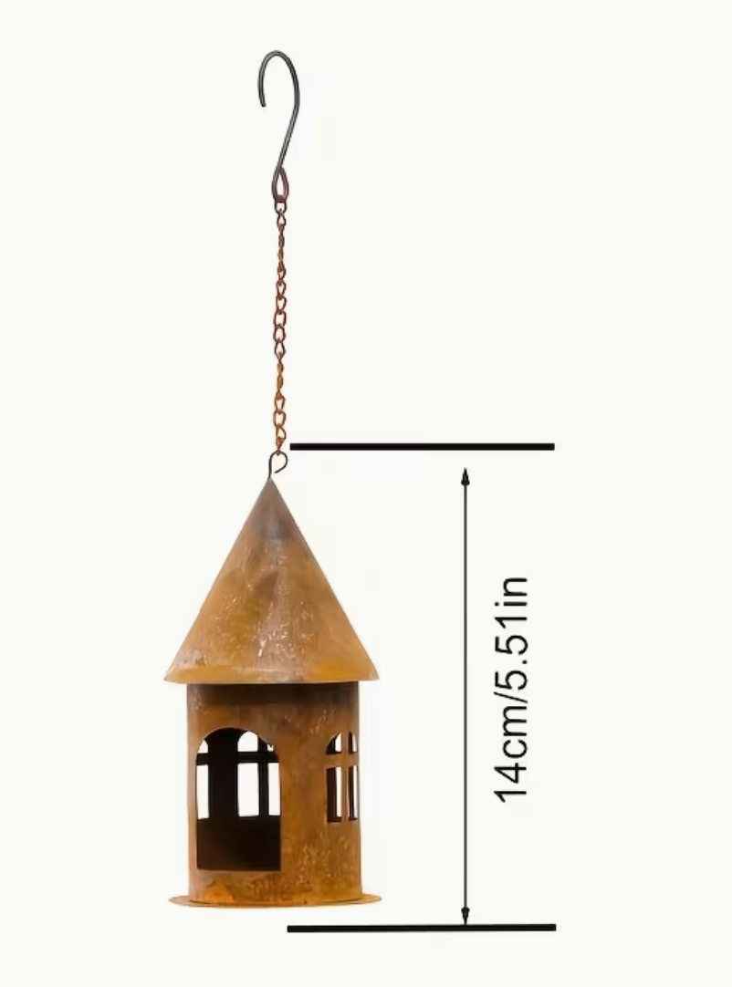 Hanging Metal Rusty Candle Tea Light Holder Garden Ornament 14cm Deep exc Chain