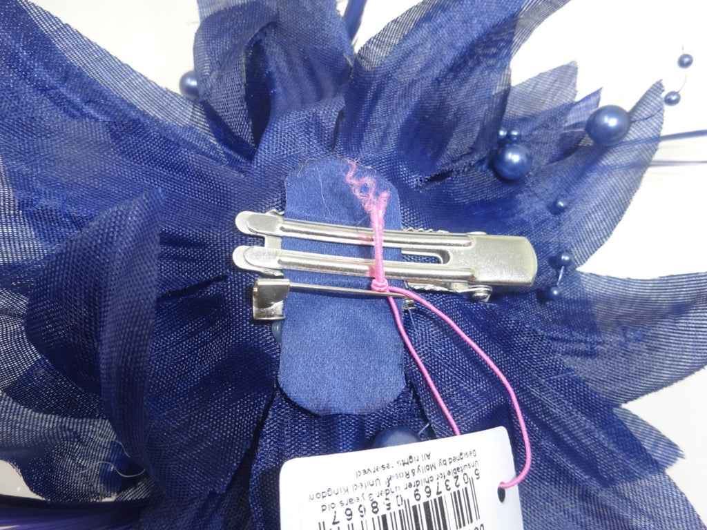 Navy Blue Corsage Brooch Fascinator Fabric Petals with Long Slim Fine Feathers
