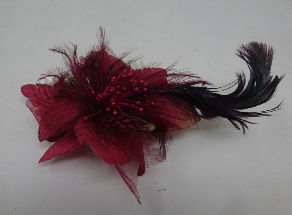 Dark Red Fascinator Fabric Petals Beaded Stamens Mixed Feathers on Clear Comb