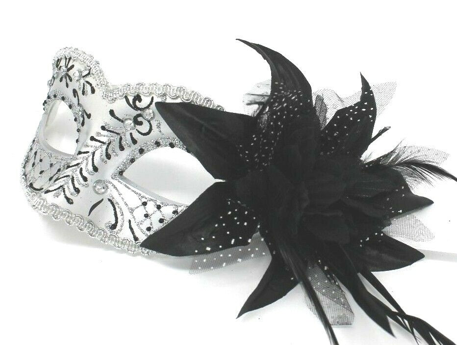 GLITTERING BLACK & SILVER JEWELLED VENETIAN MASQUERADE PARTY CARNIVAL BALL MASK