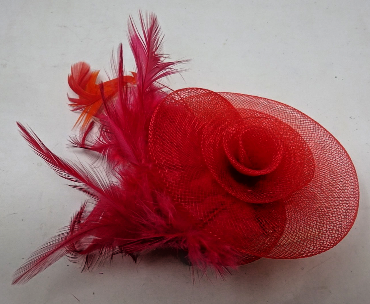 Red Corsage Brooch Fascinator Stiffened Net Floral Rosette Mixed Fine Feathers