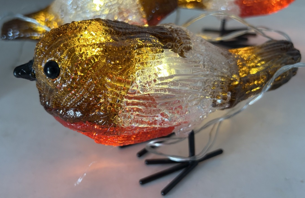Christmas LED Light Up 4 Acrylic Robins Decoration 16cm Timer Indoor Outdoor