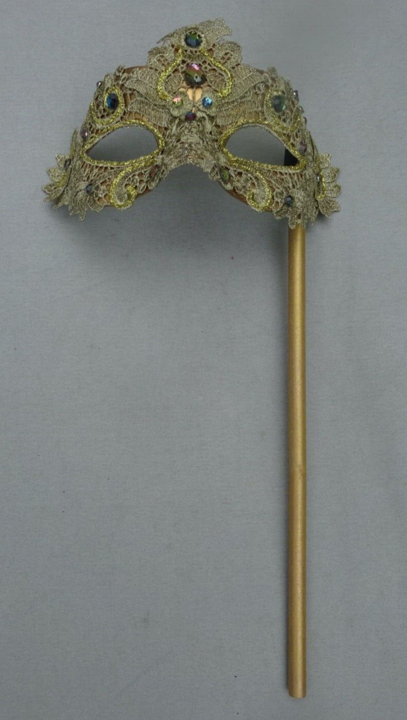 HAND HELD GOLD JEWELLED LACE BROCADE MASK VENETIAN MASQUERADE EYE BALL ON STICK