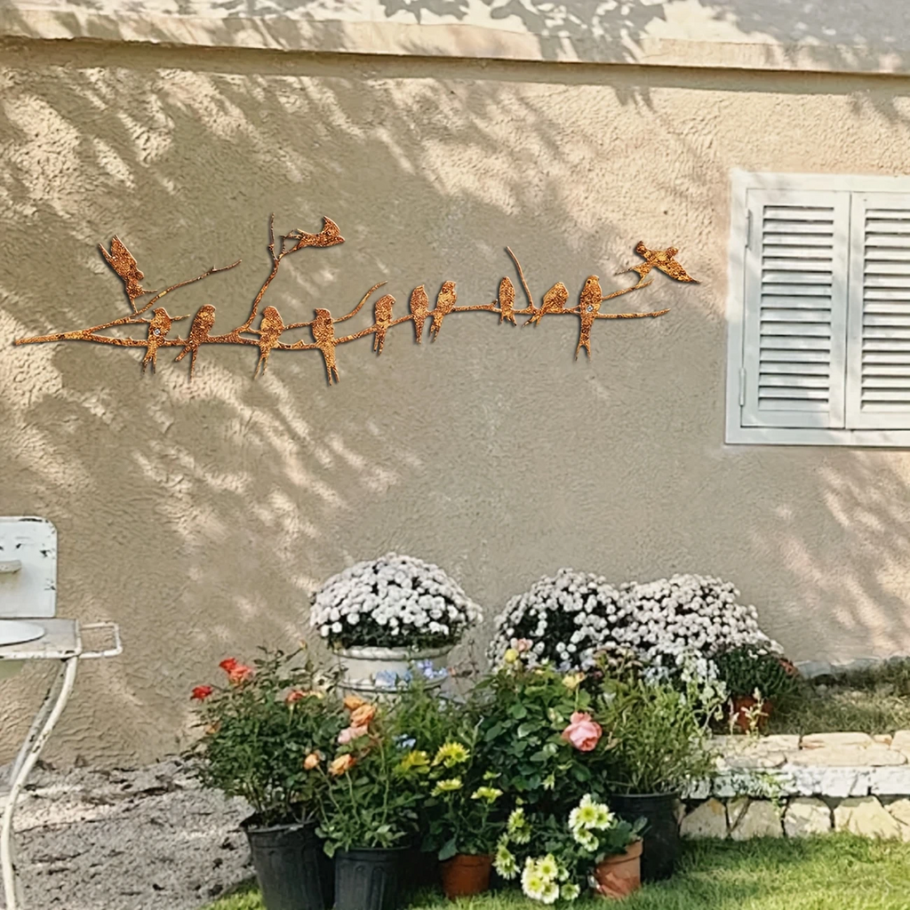 Rusty Metal Birds on a Branch Tree Silhouette 50cm x 13cm Garden Wall Art