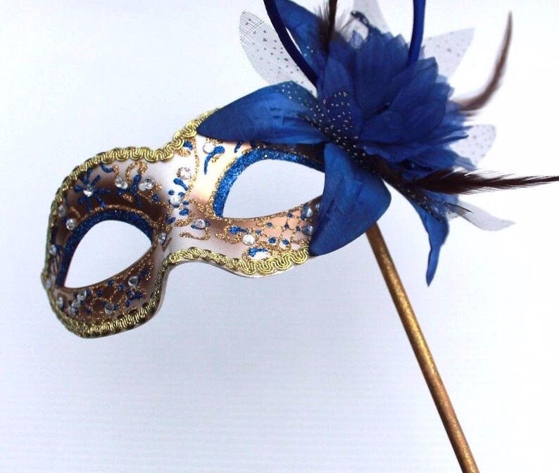 BLUE GOLD & CRYSTAL VENETIAN MASQUERADE PARTY CARNIVAL BALL MASK FLOWER & STICK
