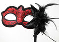 STUNNING BLACK & RED VENETIAN MASQUERADE PARTY BALL CARNIVAL MASK HAND STICK