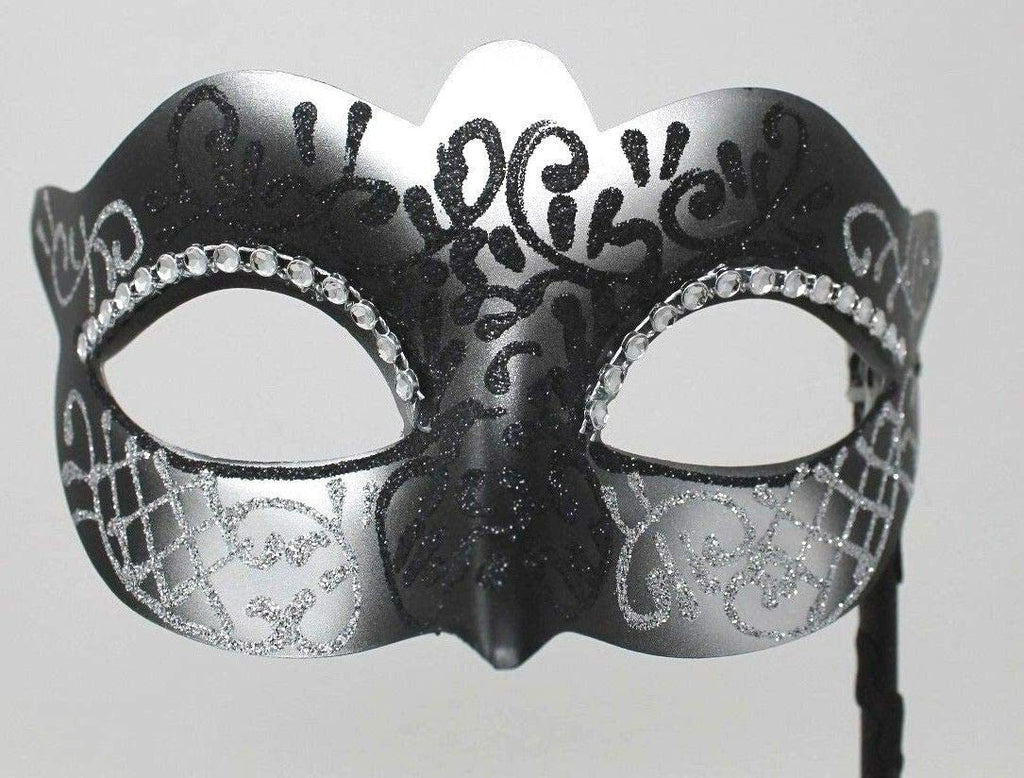 BLACK & SILVER VENETIAN MASQUERADE PARTY CARNIVAL BALL EYE MASK ON A STICK
