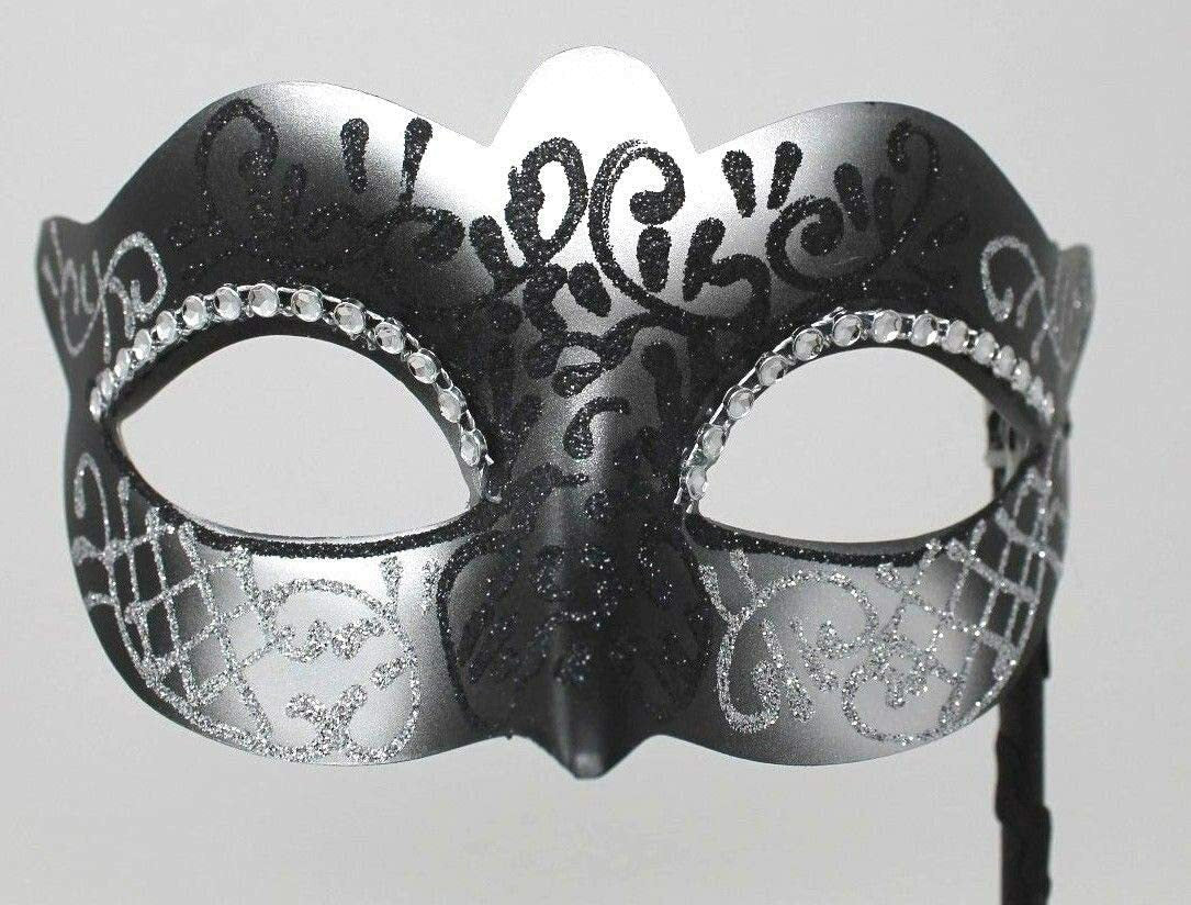 BLACK & SILVER VENETIAN MASQUERADE PARTY CARNIVAL BALL EYE MASK ON A STICK