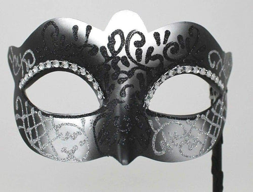 BLACK & SILVER VENETIAN MASQUERADE PARTY CARNIVAL BALL EYE MASK ON A STICK