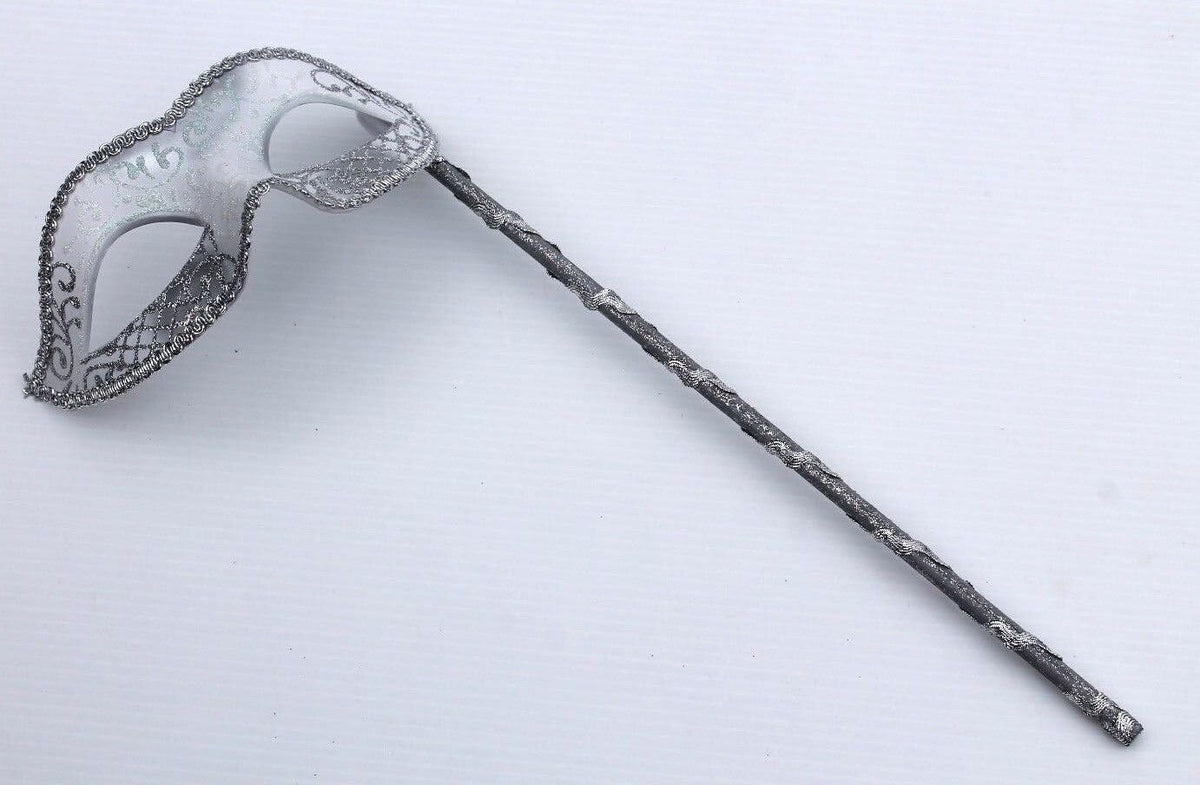 VENETIAN MASQUERADE BALL PARTY EYE MASK WITH A HAND HELD STICK SILVER & WHITE