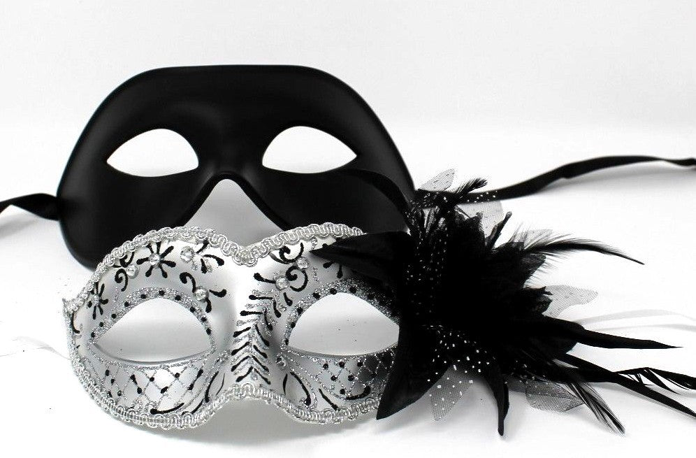 HIS N HERS PAIR COUPLES SILVER AND  BLACK VENETIAN MASQUERADE PARTY  EYE MASKS