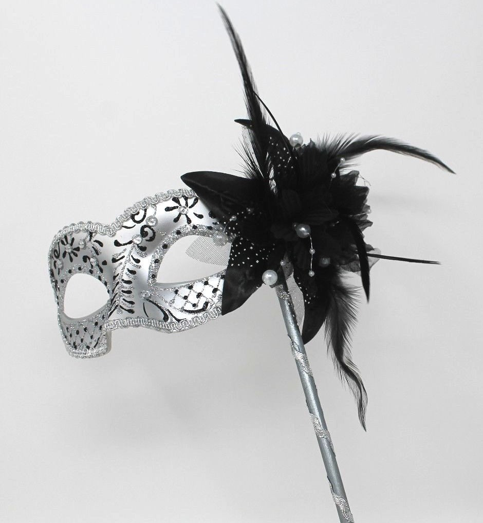 BLACK & SILVER JEWELS VENETIAN MASQUERADE PARTY PROM  MASK ON A HAND HELD STICK