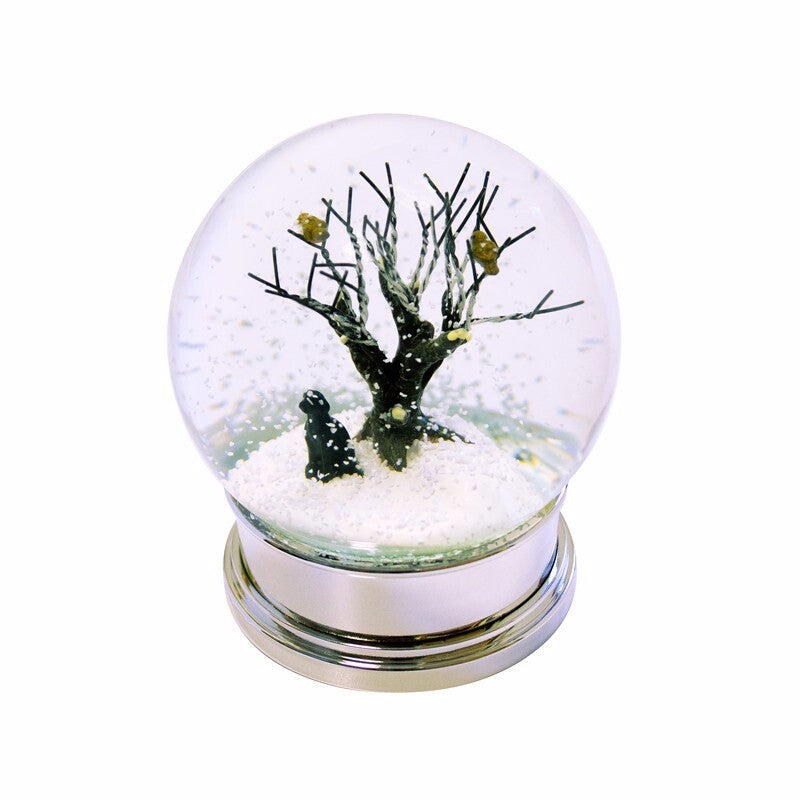 Christmas Decoration Black Dog & Robins Snow Scene Snow on a Chrome Colour Base