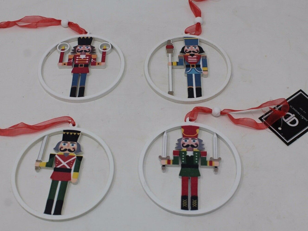 4 x Wooden Nutcracker Christmas Tree Decorations Ornaments With Hangers 9cm Dia