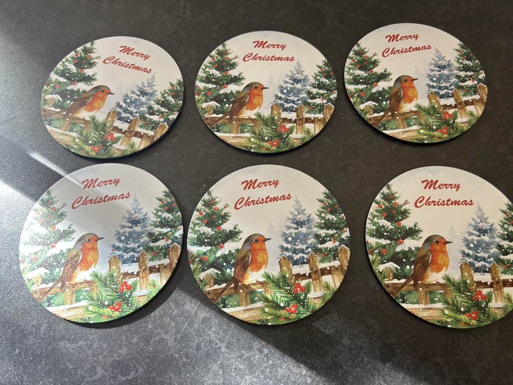 Merry Christmas Festive Set of 6 Robin Melamine Coasters in Red Holder 11cm  Dia