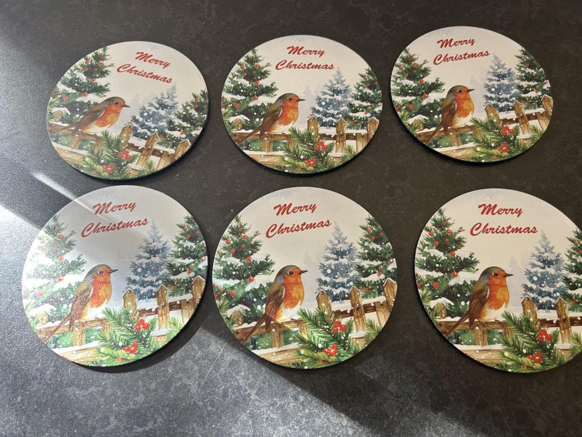 Merry Christmas Festive Set of 6 Robin Melamine Coasters in Red Holder 11cm  Dia