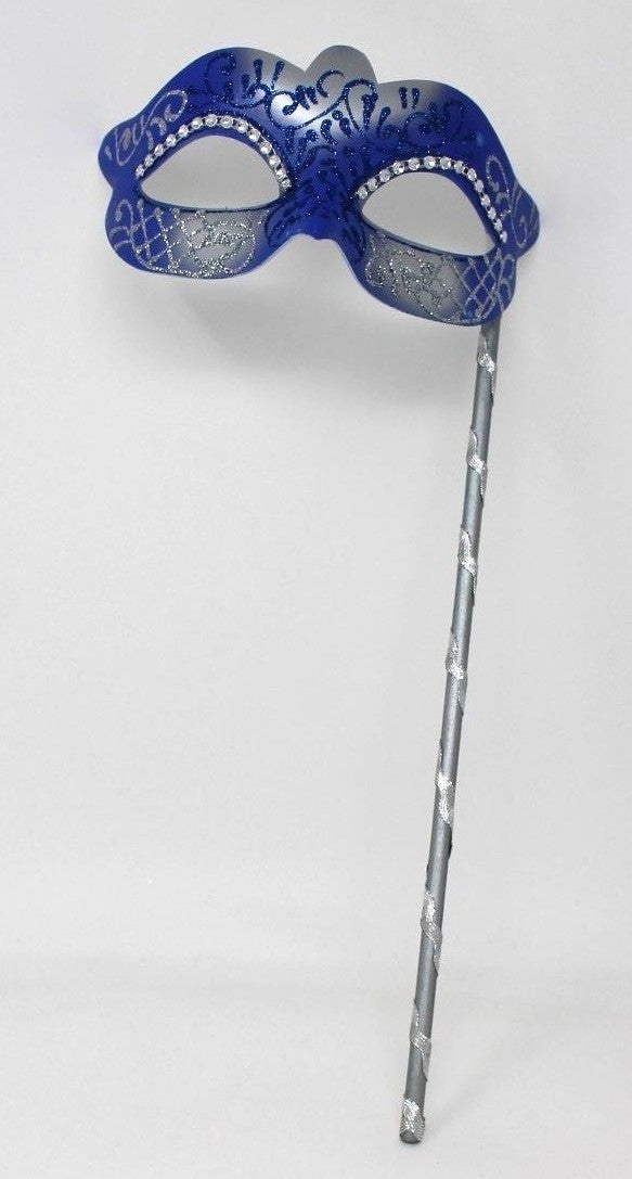 STUNNING BLUE & SILVER VENETIAN MASQUERADE PARTY EYE MASK ON A HAND HELD STICK