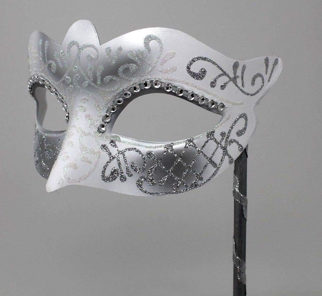WHITE & SILVER VENETIAN MASQUERADE PARTY WEDDING BALL MASK DIAMONTES HAND HELD