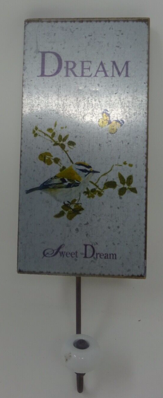 Rustic Blue Tit & Butterfly Wall Mounted Wood Hook Hanger Sweet Dream 25cm Long