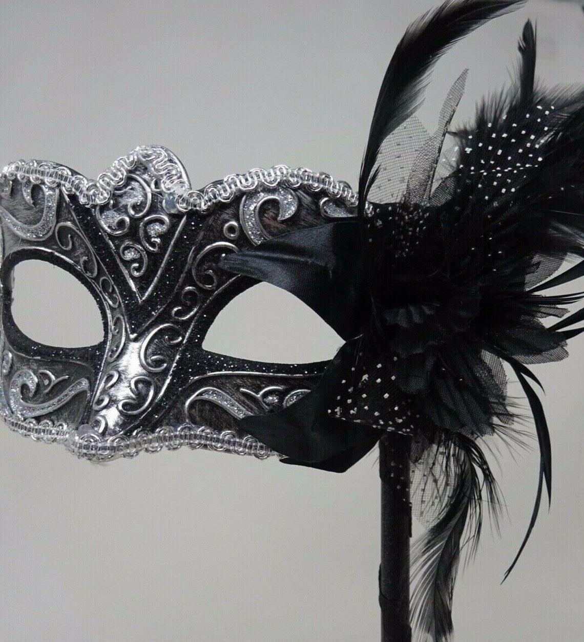BLACK & SILVER BRAID VENETIAN MASQUERADE PARTY CARNIVAL BALL EYE MASK HAND HELD