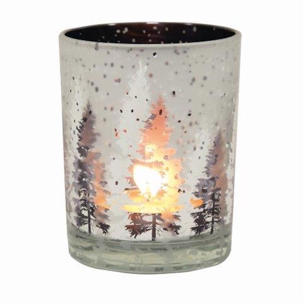 Glass Woodland Tea Light Holder 12.5cm Tall Christmas Festive Gift 3 Tea Lights