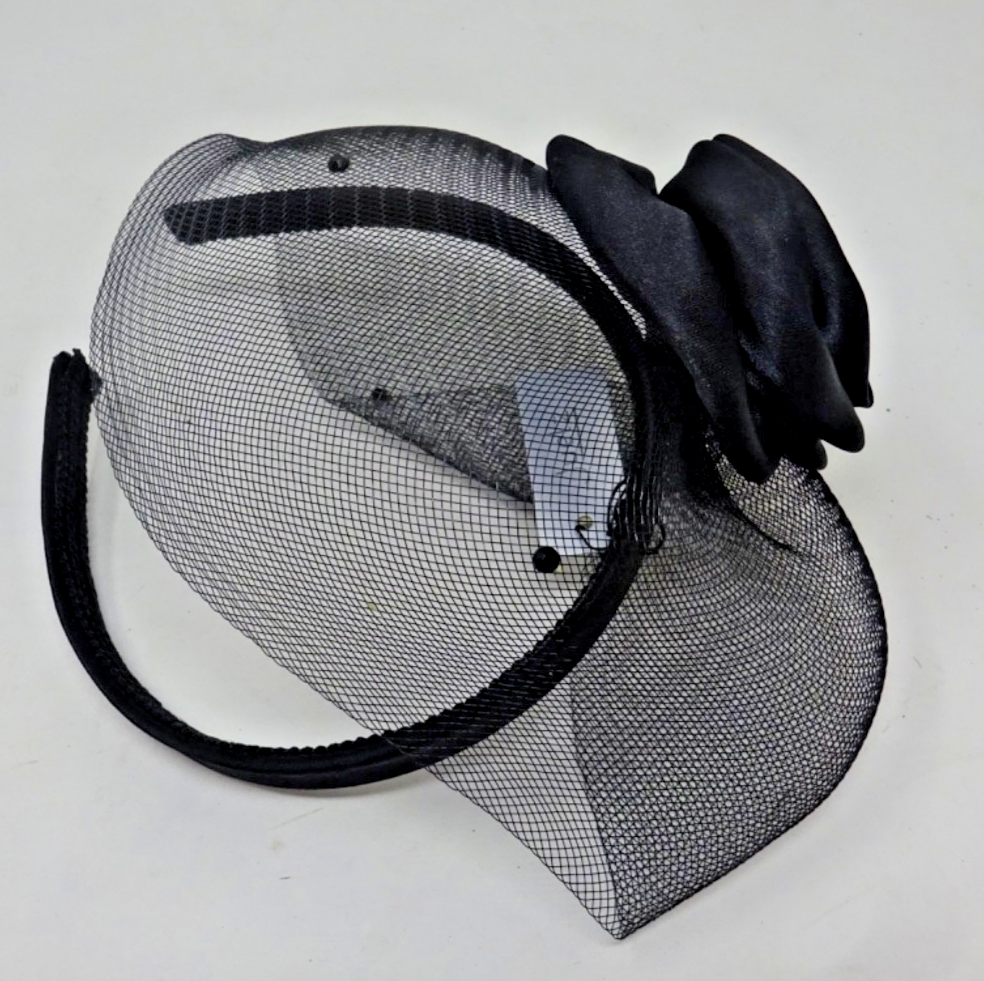 Black Hair Fascinator on Plastic Aliceband Headband Fabric Flower & Spotted Net
