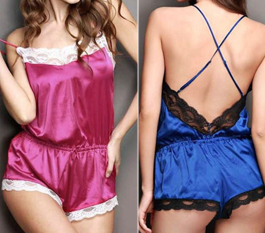 Choice of 2 Colours Blue/Pink Satin Lace Sleepwear Playsuit Pyjamas/Shorts 8-10