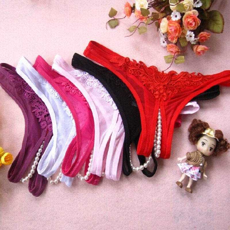 Choice 6 Colour Ladies Panties Briefs Thong Crotchless Sheer Fabric Pearls 8-12