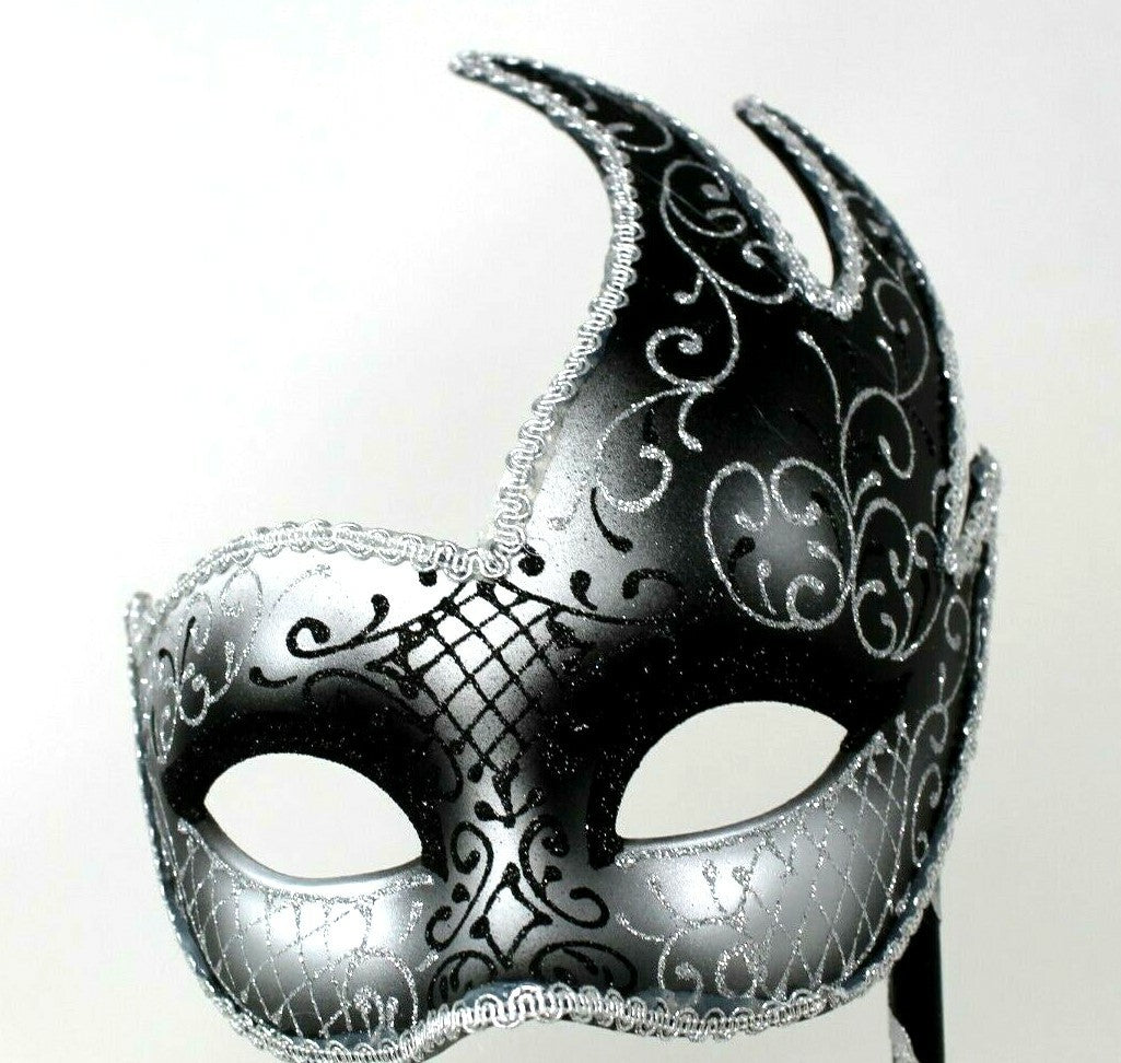 LADIES HAND HELD BLACK AND SILVER VENETIAN MASQUERADE BALL PARTY MASK ON STICK