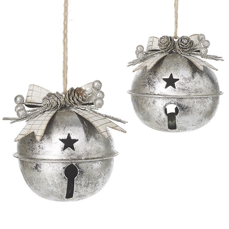 Set of 2 Silver Metal Round Bells Bauble Ornament Christmas TreeDecoration