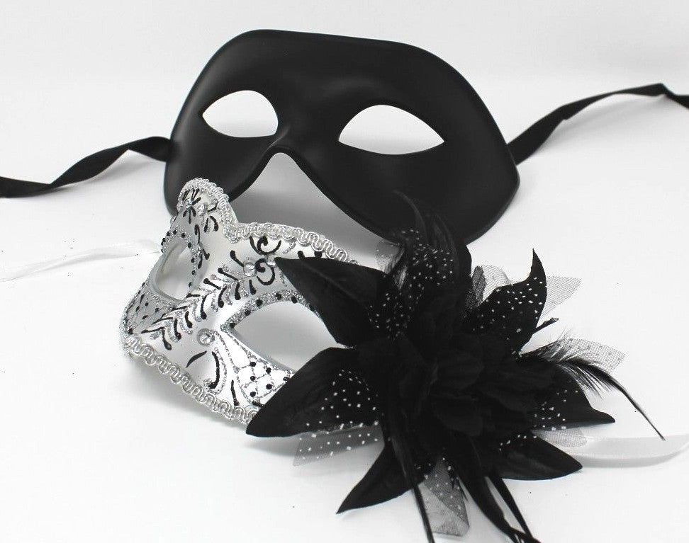 HIS N HERS PAIR COUPLES SILVER AND  BLACK VENETIAN MASQUERADE PARTY  EYE MASKS