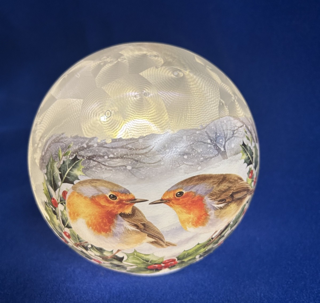 Christmas Festive 2 Robins with Holly LED Light up Frosted Glass Globe 15cm Dia