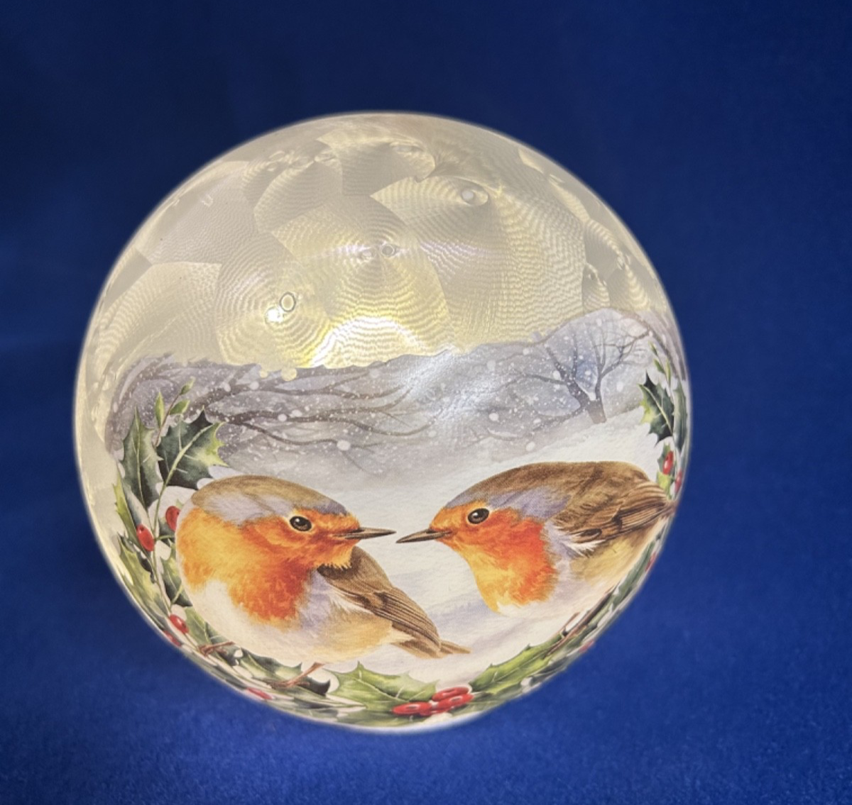 Christmas Festive 2 Robins with Holly LED Light up Frosted Glass Globe 15cm Dia