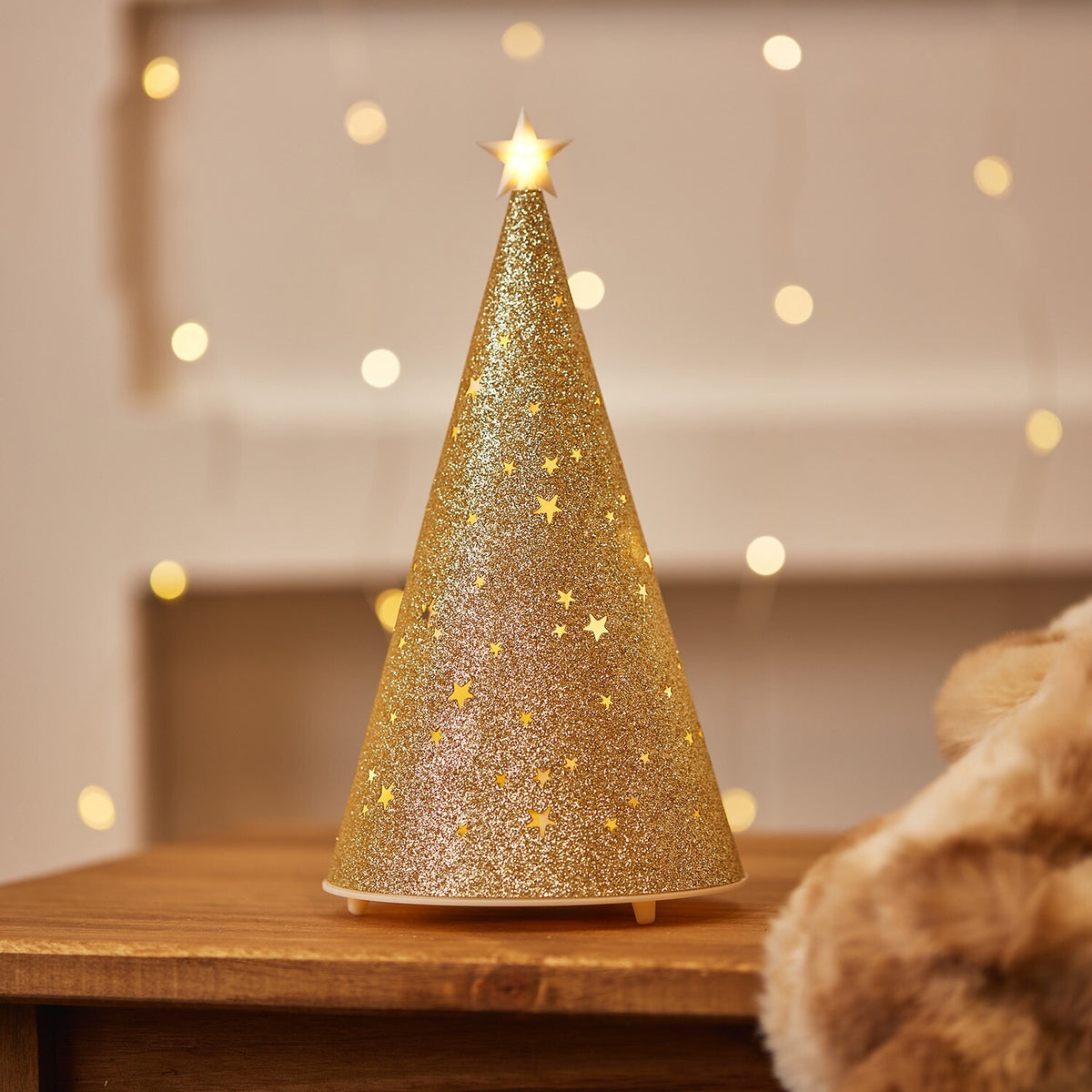 LED Light Up Gold Christmas Cone Shaped Tree 21cm Tall Lantern Lamp Decoration
