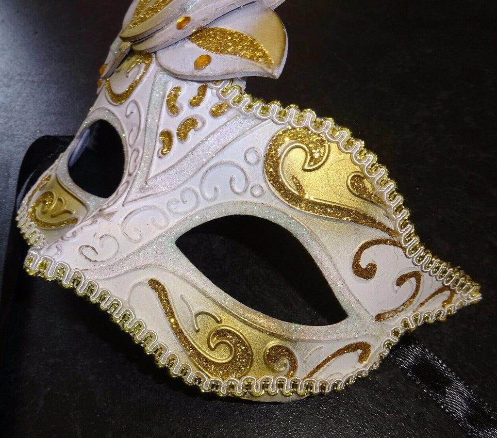 STUNNING GOLD & WHITE VENETIAN MASQUERADE PROM CARNIVAL BALL EYE PARTY MASK
