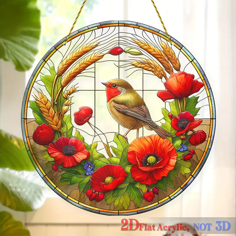 Acrylic Hanging Garden Suncatcher Robin & Flowers 20cm Diameter on Yellow Cord