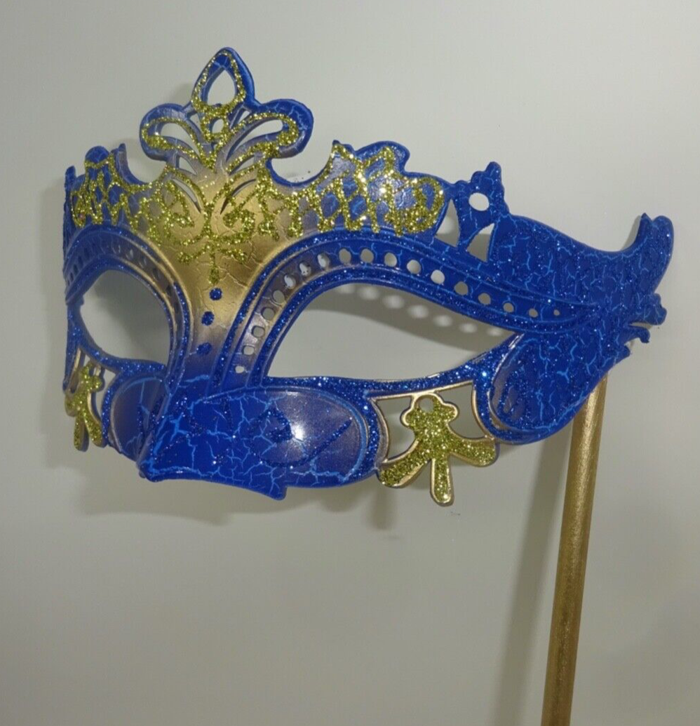 GOLD & BLUE VENETIAN MASQUERADE PARTY CARNIVAL BALL MASK ON A HAND HELD STICK