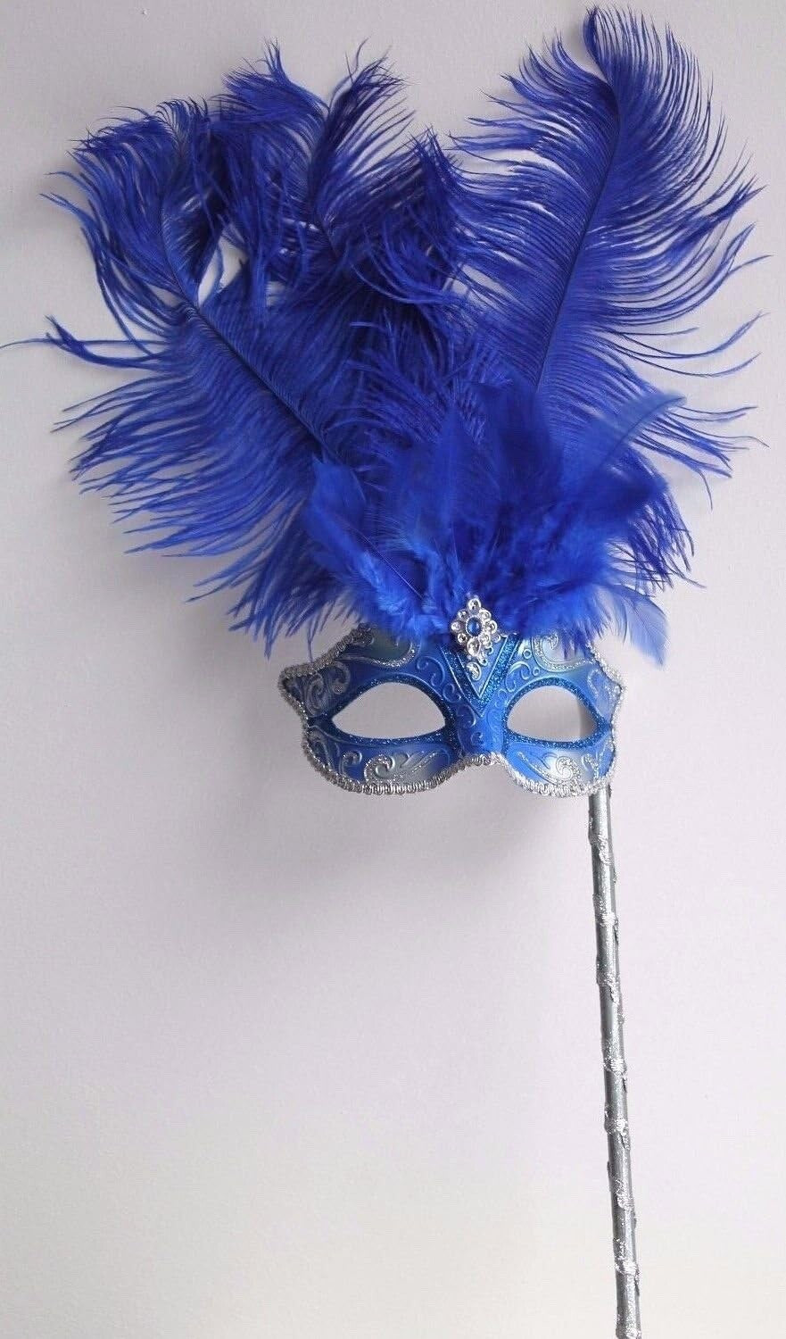 BLUE SILVER VENETIAN MASQUERADE BALL CARNIVAL PARTY FEATHER MASK HAND HELD STICK